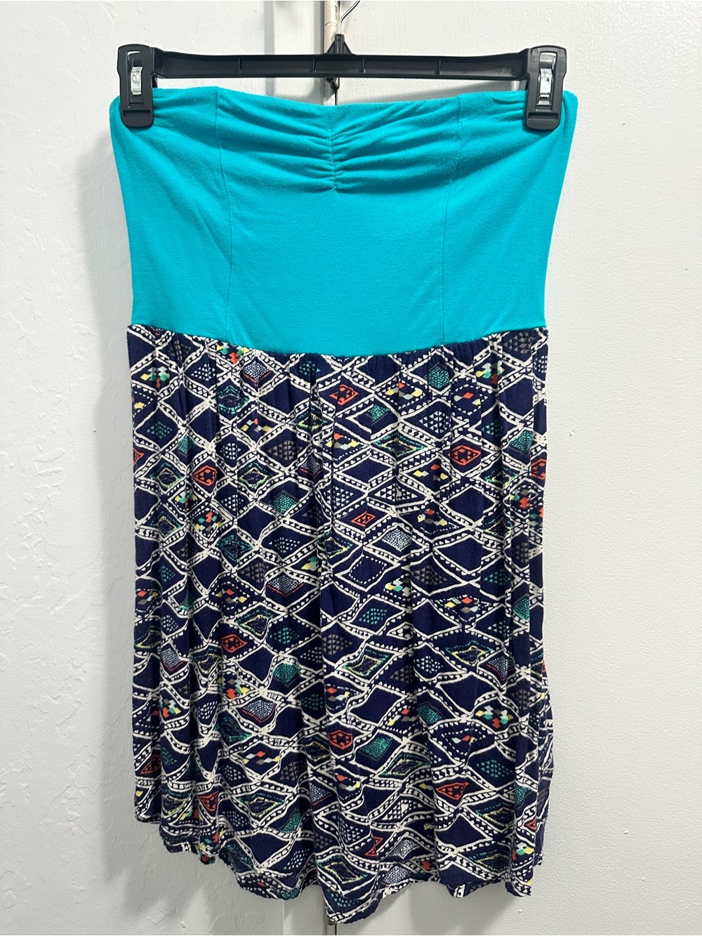 Roxy Strapless Dress Teal Top Navy Patterned Skirt